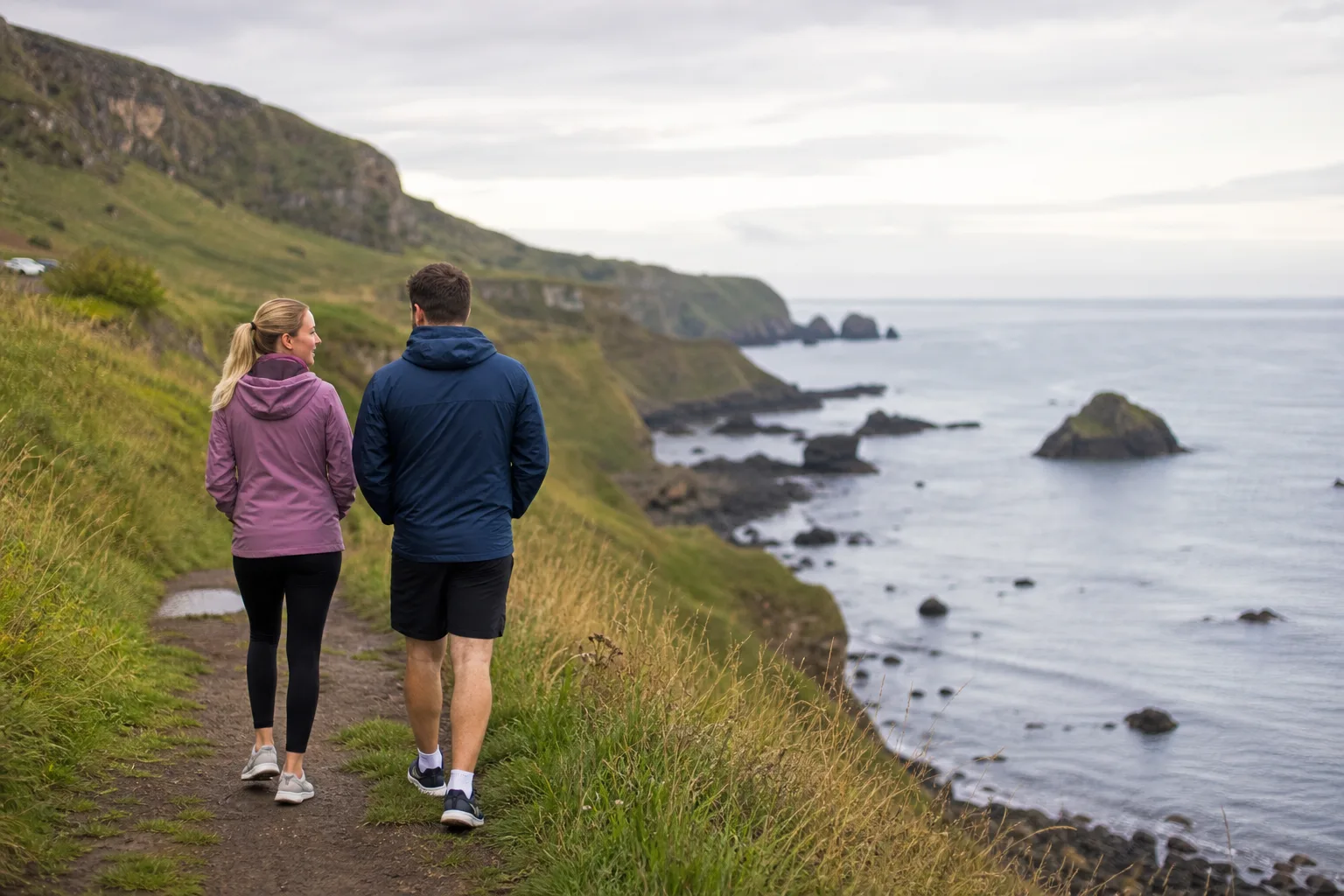 Couple walking beside the harbour on the County Antrim coast