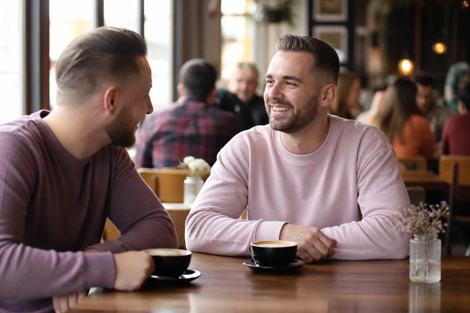 Two men chatting together on a relaxed walk in Scunthorpe