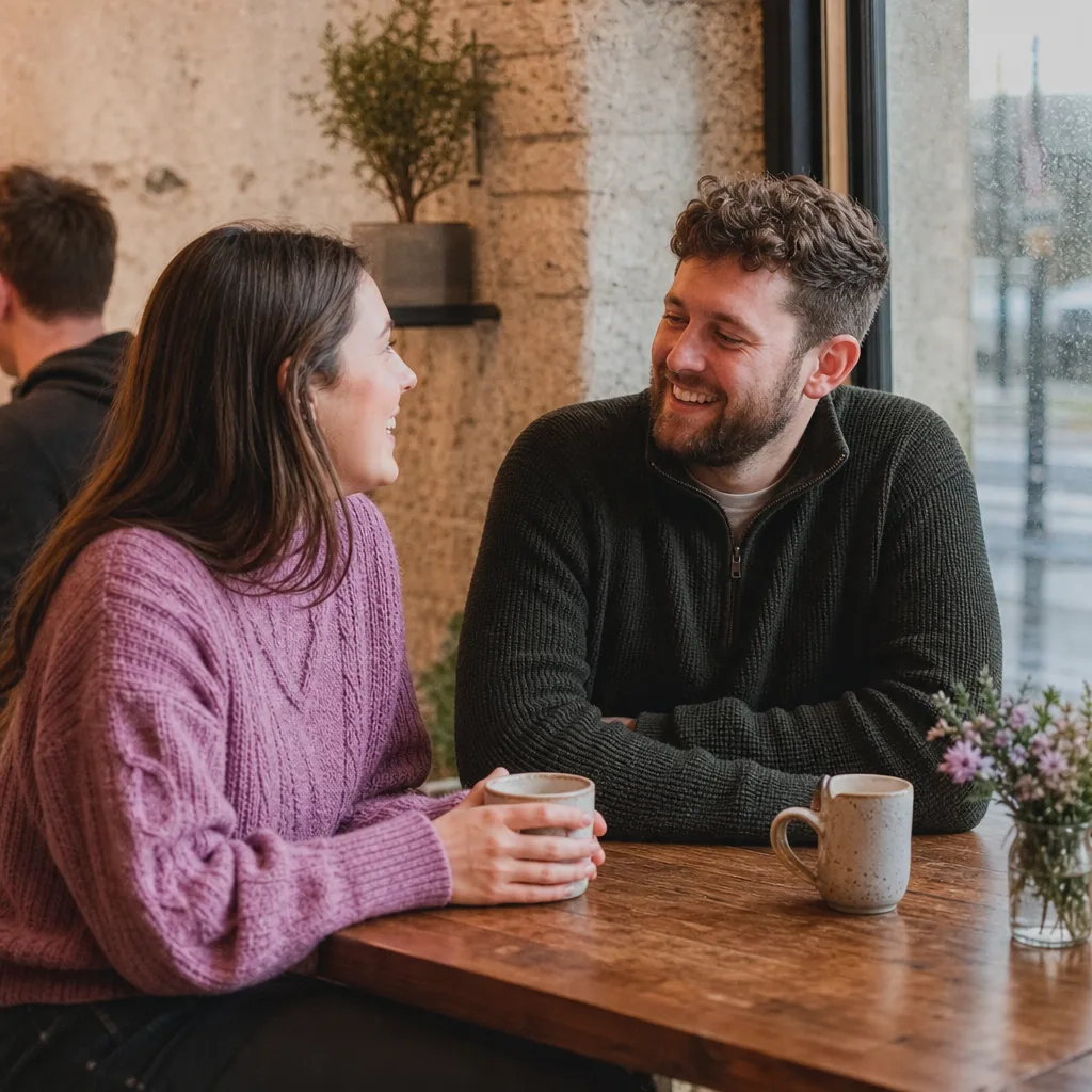 Christian singles chatting at a relaxed café in Ballymena