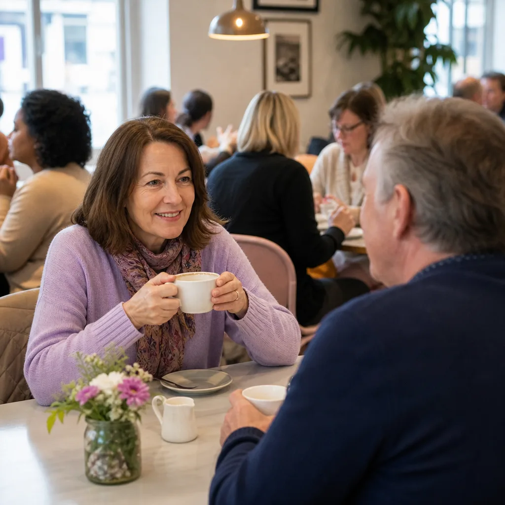 Mature single people talking over coffee in a busy daytime café